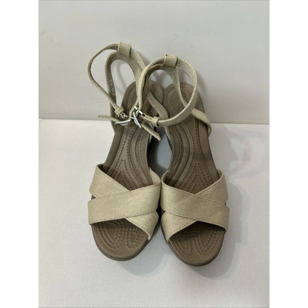 Crocs Women's Sz 6 Leigh II Cross Ankle Strap Wedge Sandals Beige Canvas Comfort